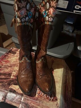 Old Gringo Brown Embroidered Knee Boots with Multicolor Floral Accents